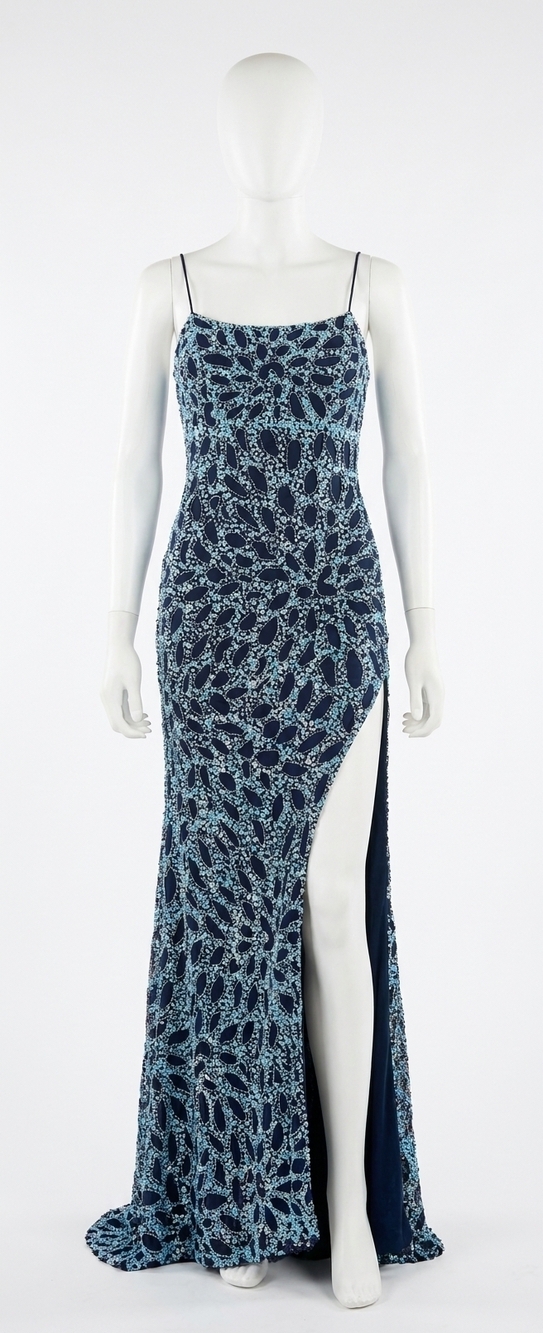 NEW RACHEL ALLAN scoop neckline high slit gown in purple navy